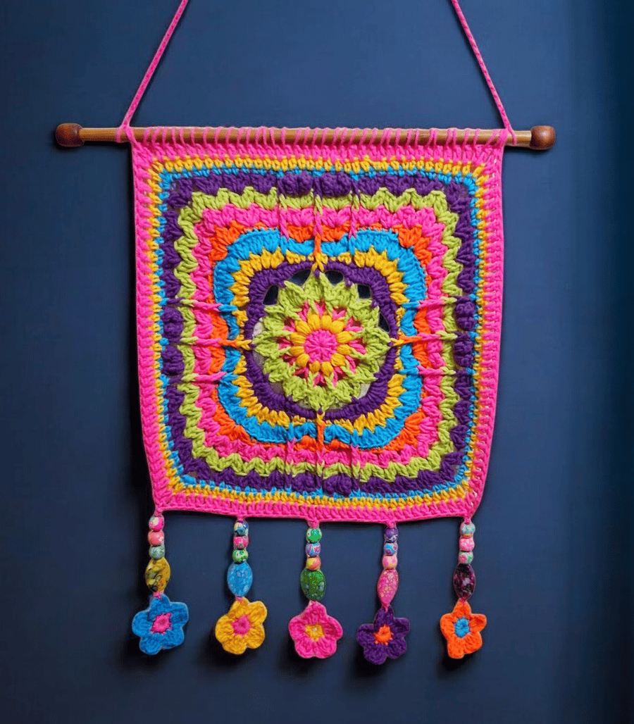 colourful crochet square mandala flower beaded wall hanging