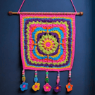 colourful crochet square mandala flower beaded wall hanging