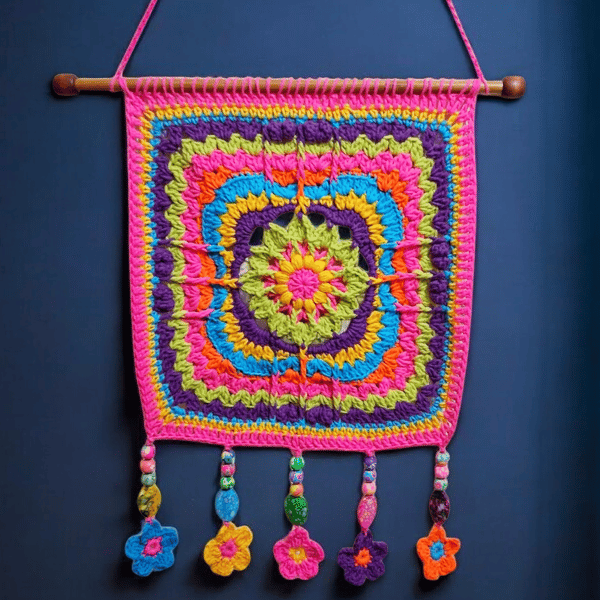 colourful crochet square mandala flower beaded wall hanging