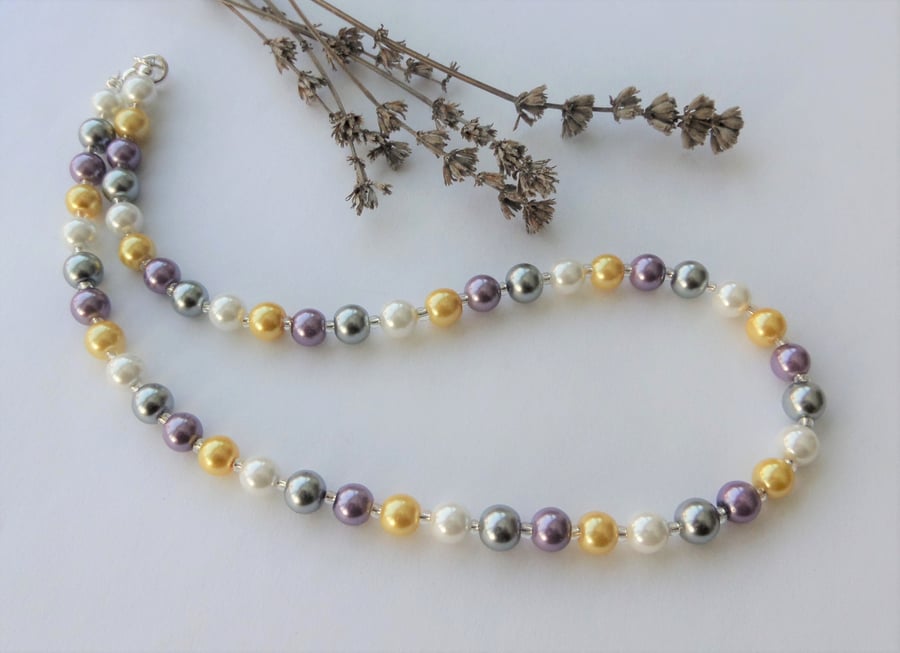 Yellow, purple, silver and white glass pearl and silver lined seed bead necklace