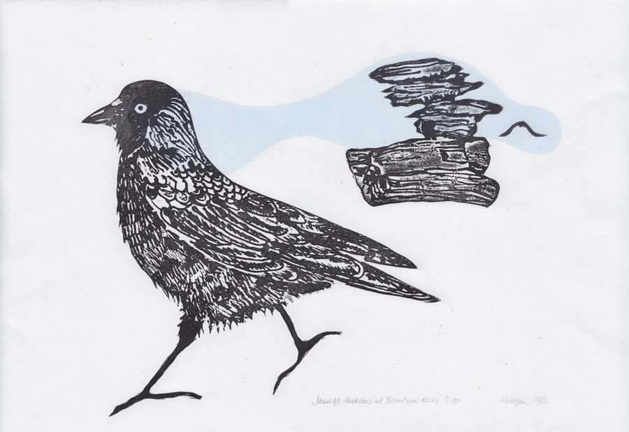 Original lino print Jaunty Jackdaw at Brimham Rocks