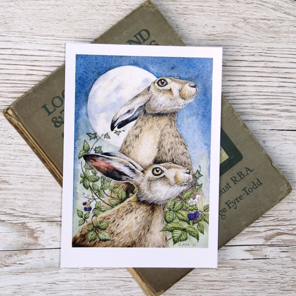 A5 Moonlight Hares Art Print - Scottish wildlife illustration