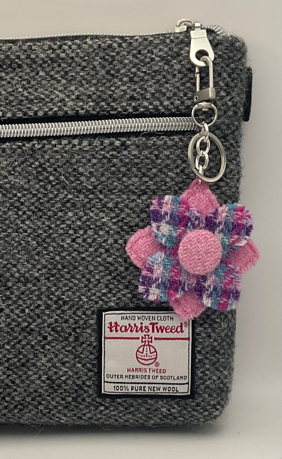 Harris Tweed Flower Bag Charm Keychain Handmade Scottish Wool 