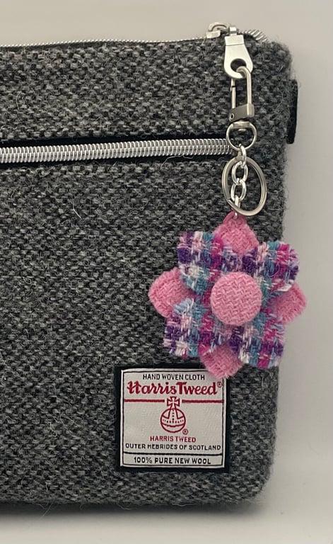 Harris Tweed Flower Bag Charm Keychain Handmade Scottish Wool 