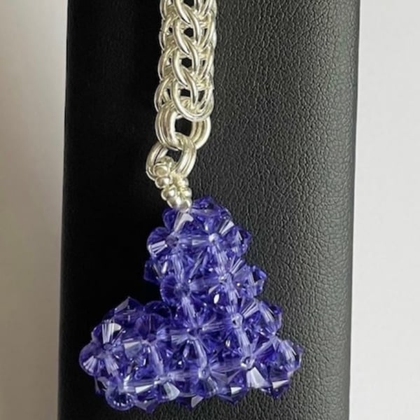 Handbag Charm, Purple Crystal Puffed Heart, with a Chainmaille Chain and Keyring