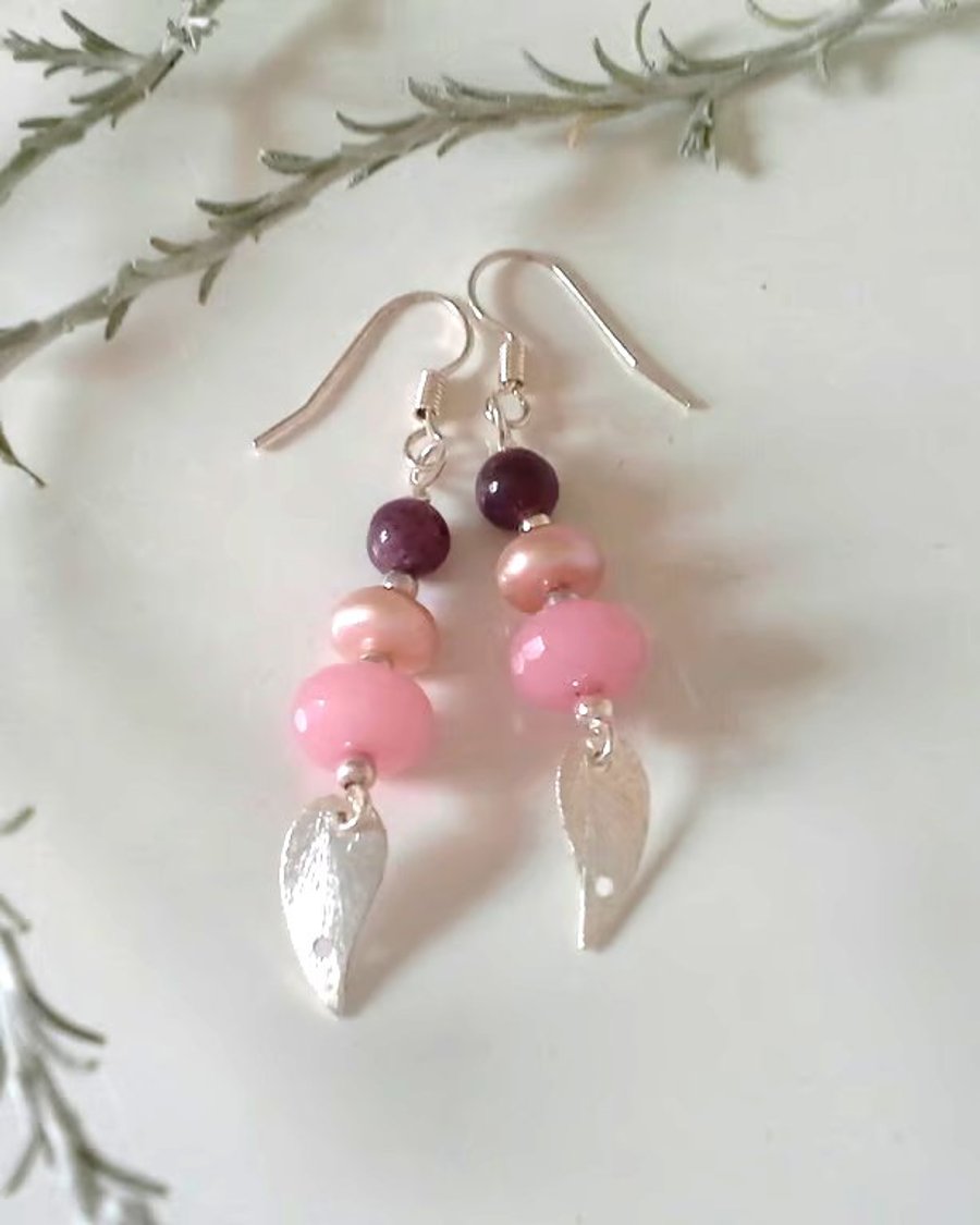 African Ruby, Freshwater Pearls, Pink Jade Stud Sterling Silver Earrings