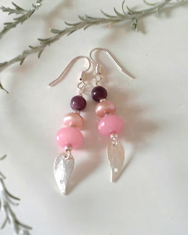 African Ruby, Freshwater Pearls, Pink Jade Stud Sterling Silver Earrings