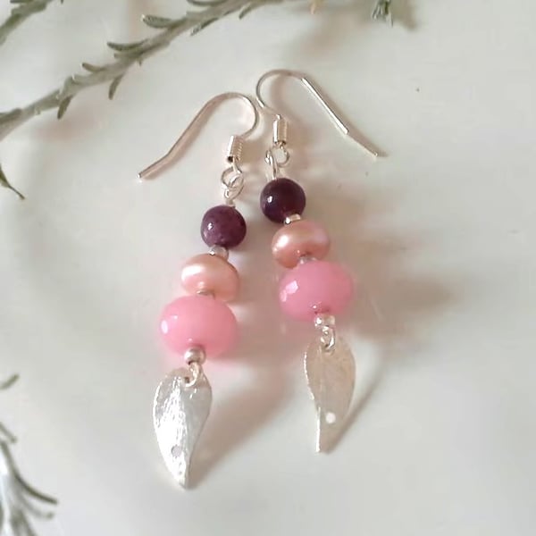 African Ruby, Freshwater Pearls, Pink Jade Stud Sterling Silver Earrings
