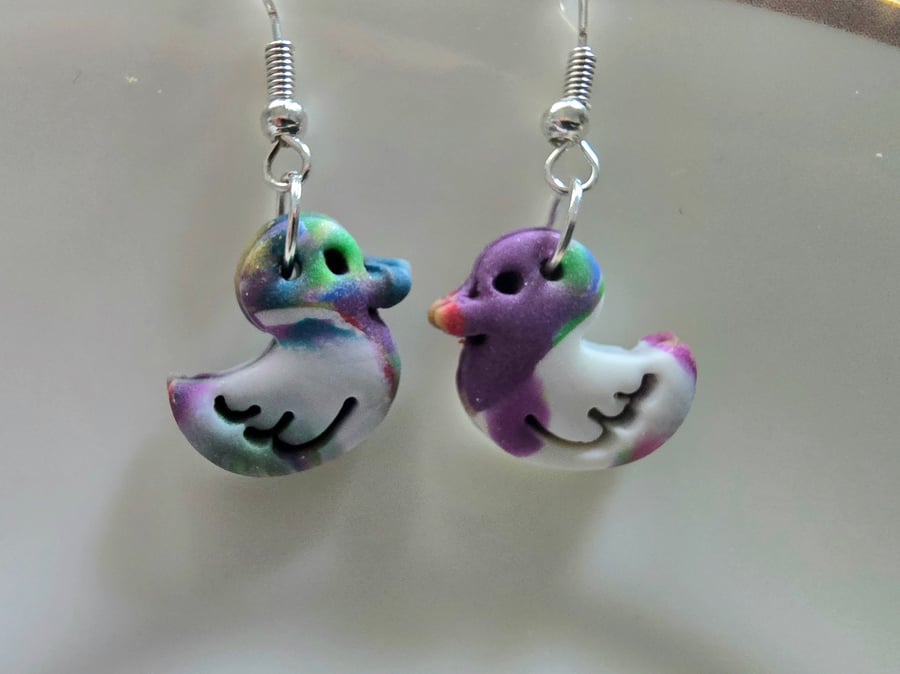 Polymer clay duck multicolour earrings on silver plated earhooks