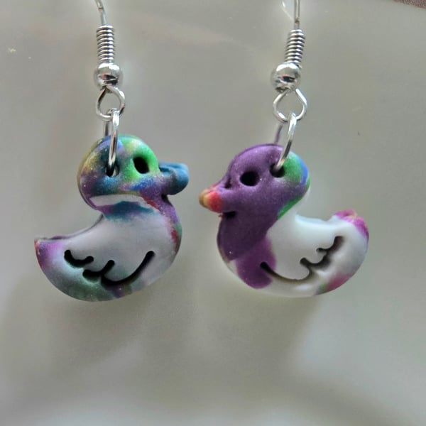 Polymer clay duck multicolour earrings on silver plated earhooks