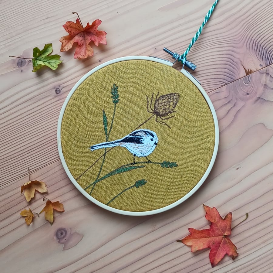 Embroidery Hoop Art Long-tailed Tit and Teasel