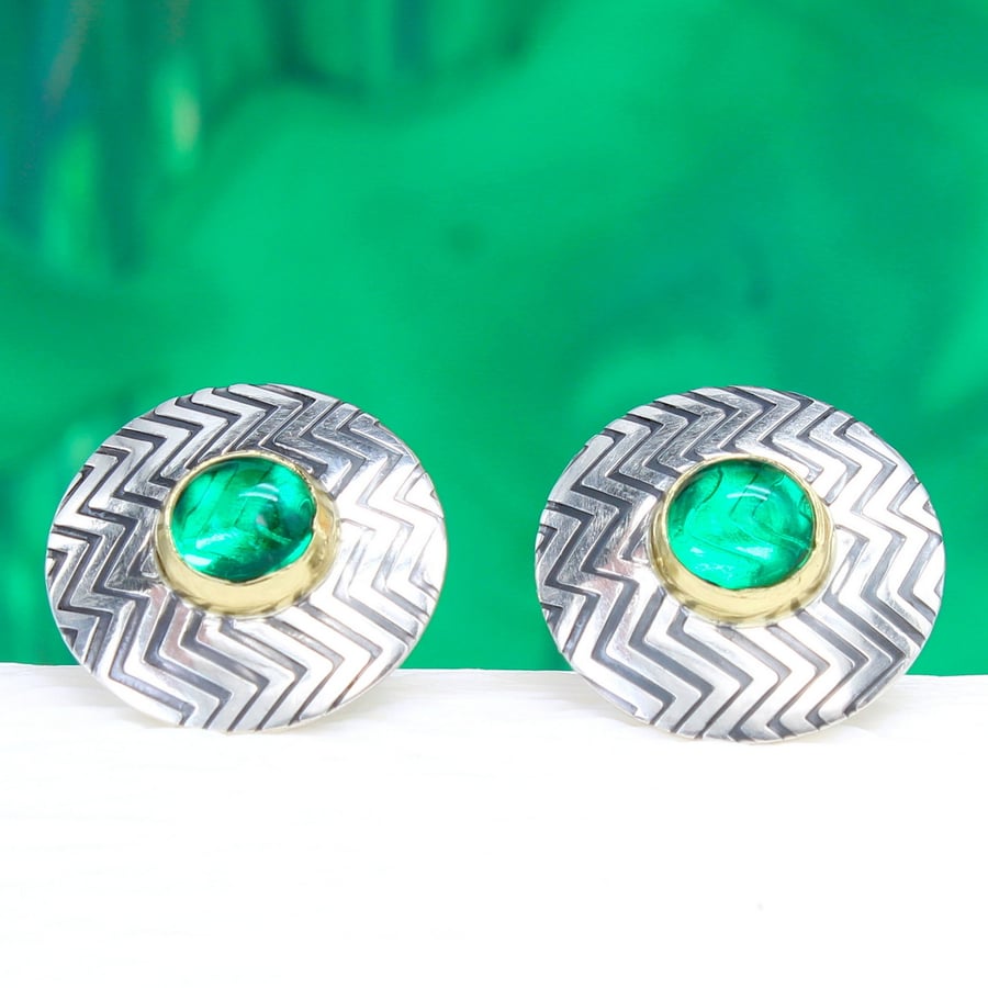 Handmade Zigzag ear studs, sterling silver with green Spinel gemstones.