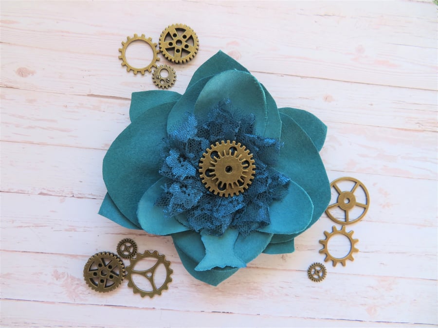 Teal Orchid Flower Brass Steampunk Brooch Corsage Buttonhole 
