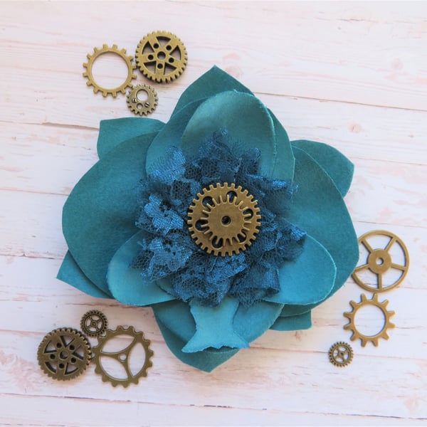Teal Orchid Flower Brass Steampunk Brooch Corsage Buttonhole 