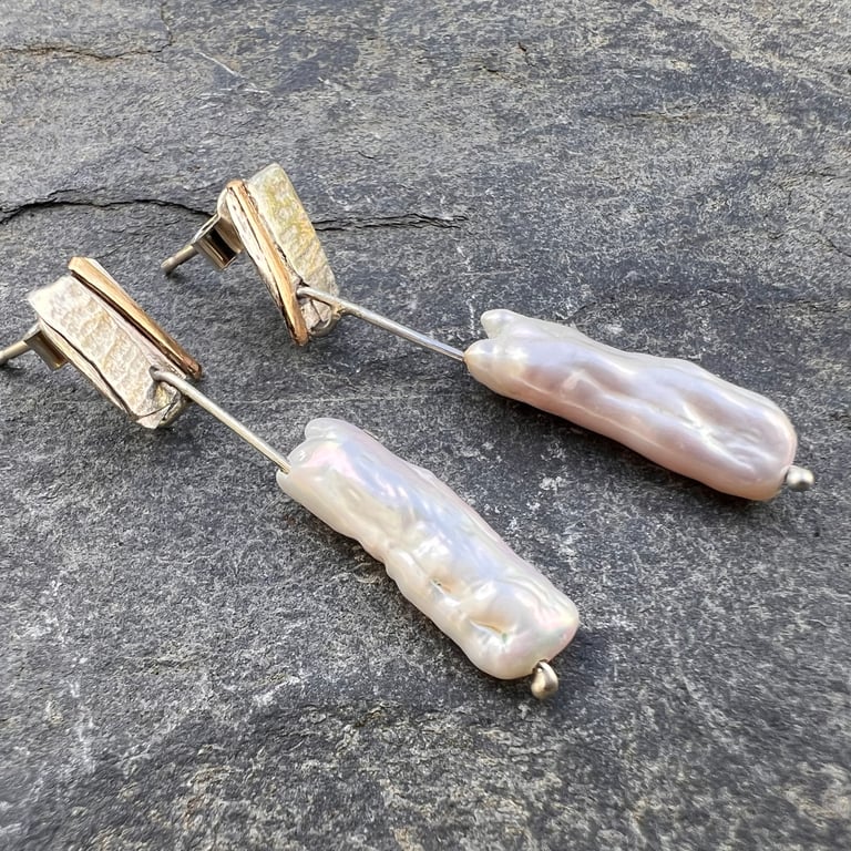  Silver and Gold Stud Earrings with Biwa Pearl Drop