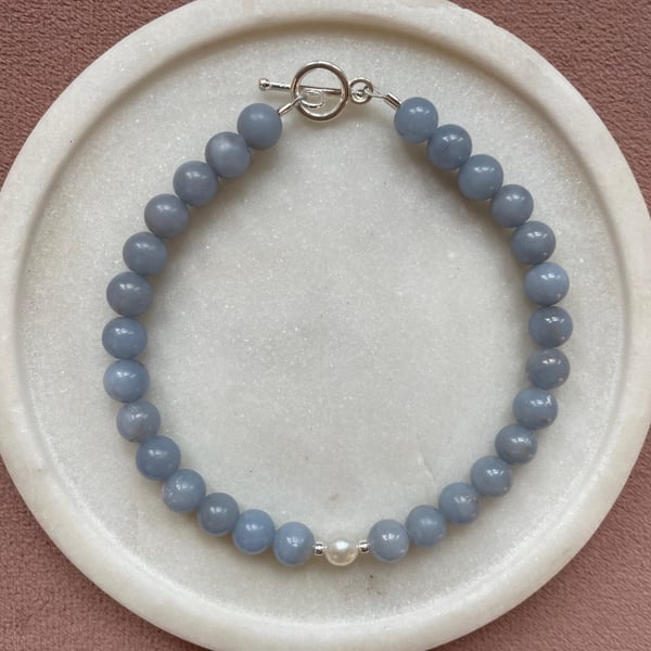 Blue Angelite Beaded Silver Bracelet   Freshwater Pearl Beaded Bracelet 