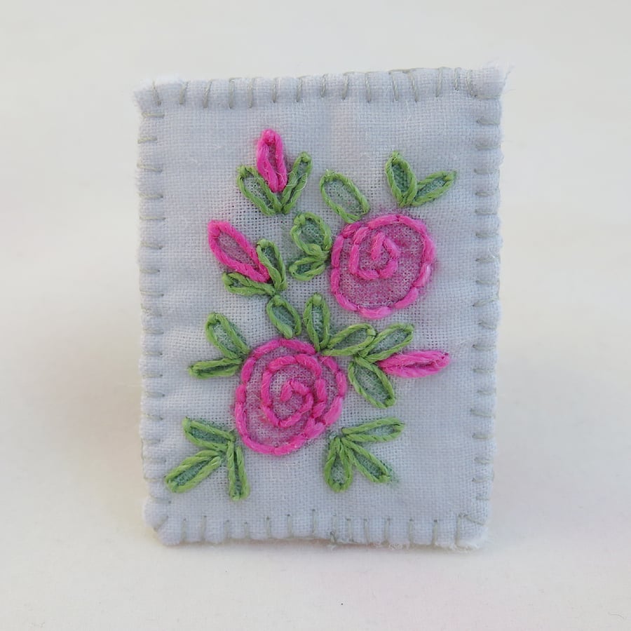 Pink Rose Brooch - painted and stitched