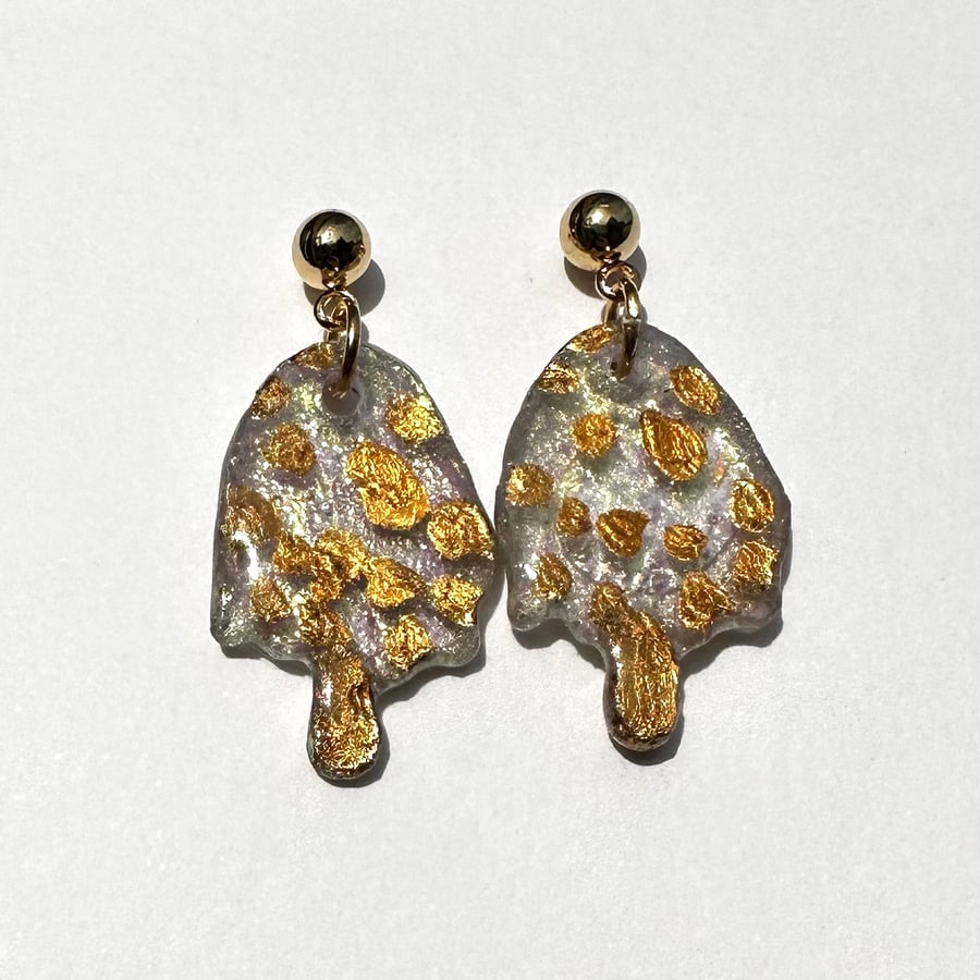 Toadstool Stud Earrings Shimmer Painted Gold Leaf Kawaii Mori Fairy Kei