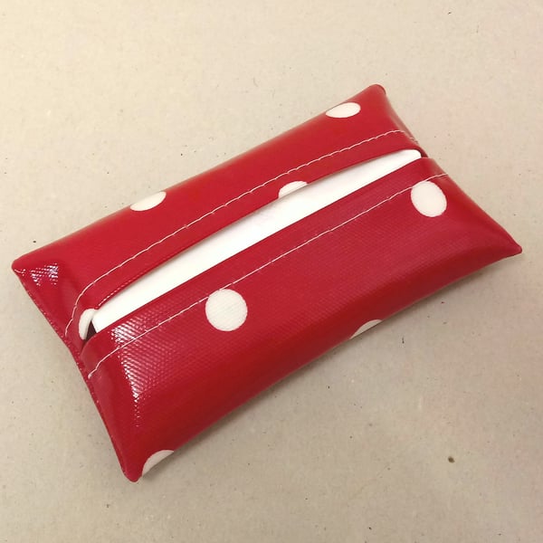 Tissue holder in red oilcloth with white spots, tissues included, handmade