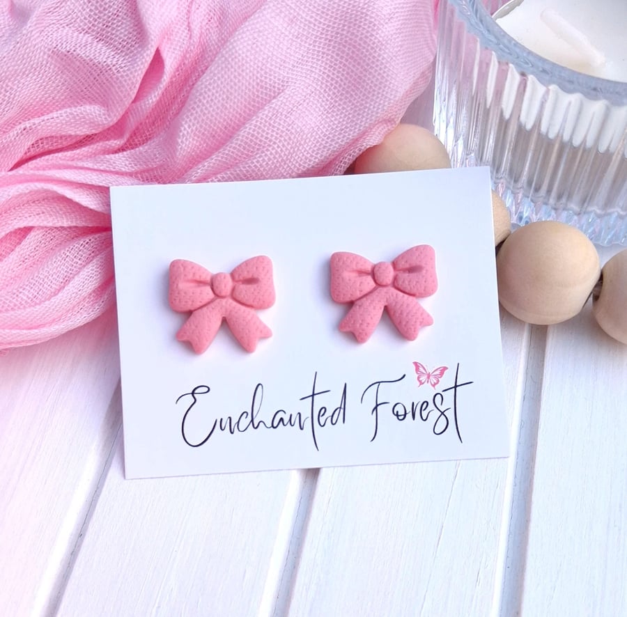Pink Linen Texture Bow Stud Earrings, Cottagecore Jewellery, Accessories & Gifts