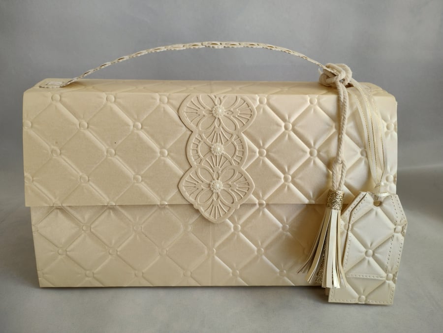 Luxuriously Elegant Ivory Quilted Embossed Handbag Style Gift Box with tags 