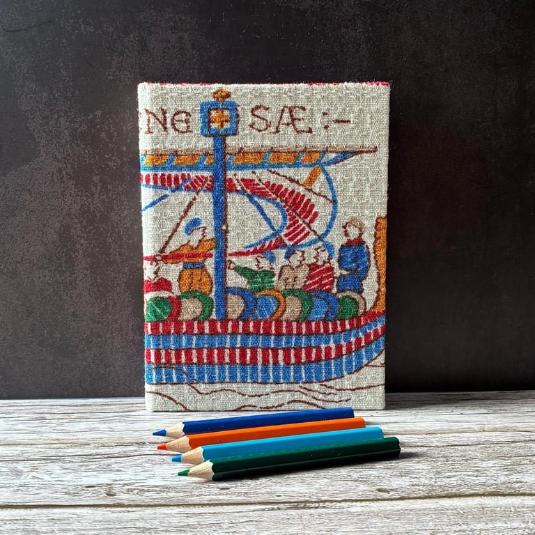 Bayeux Tapestry Handstitched A6 1950s Fabric Journal Sketchbook Norman Fleet