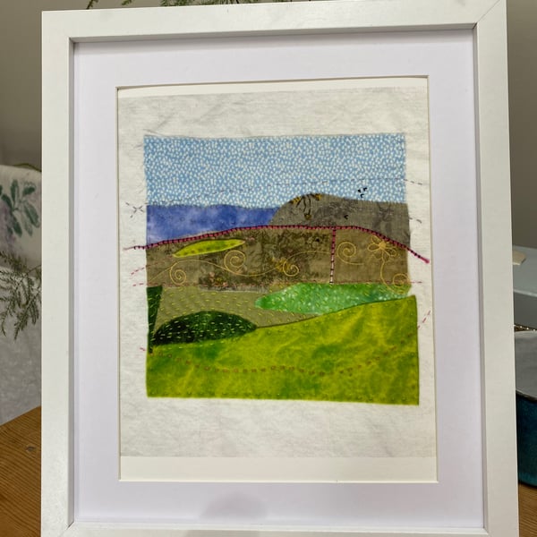 Print of  Stitched Scottish Landscape Textile Collage Wall Art on Hemp Paper