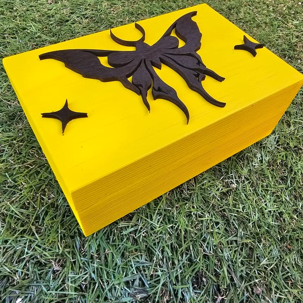 Handmade Yellow Celestial Black Moth or Butterfly Jewellery, Trinket Box 