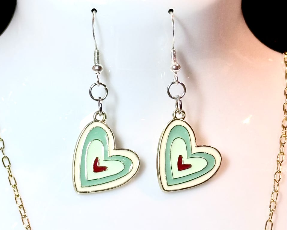 Handmade Tiered Green and White Heart Pendant Dangle Earrings 14K Gold-Plate