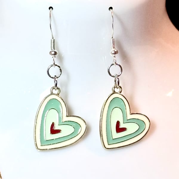 Handmade Tiered Green and White Heart Pendant Dangle Earrings 14K Gold-Plate
