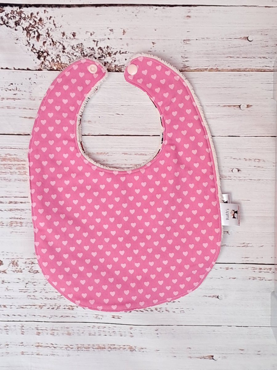 Pink hearts baby bamboo bib for age 3 to 12 months
