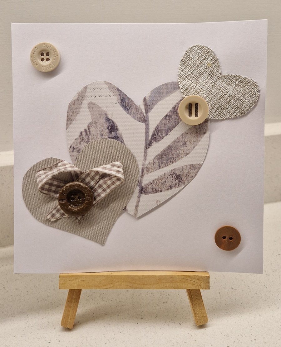Three hearts handmade card for many occasions neutral tones fabric & buttons 