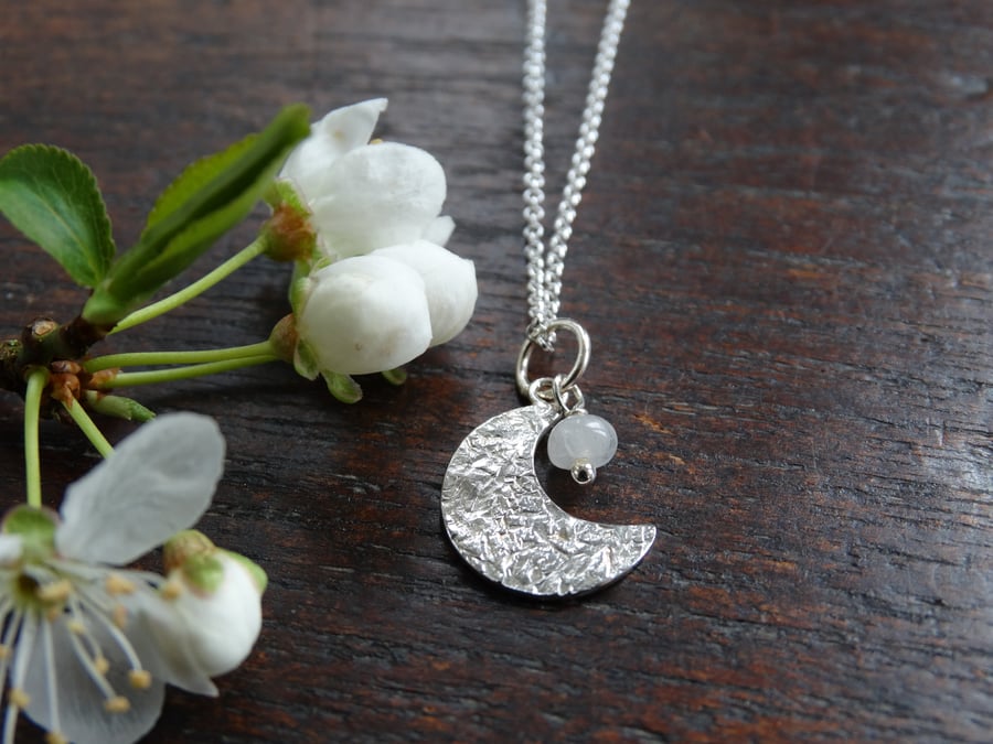 Moon pendant - crescent moon - textured recycled sterling silver & moonstone