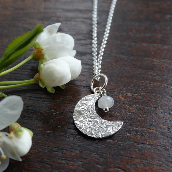 Moon pendant - crescent moon - textured recycled sterling silver & moonstone