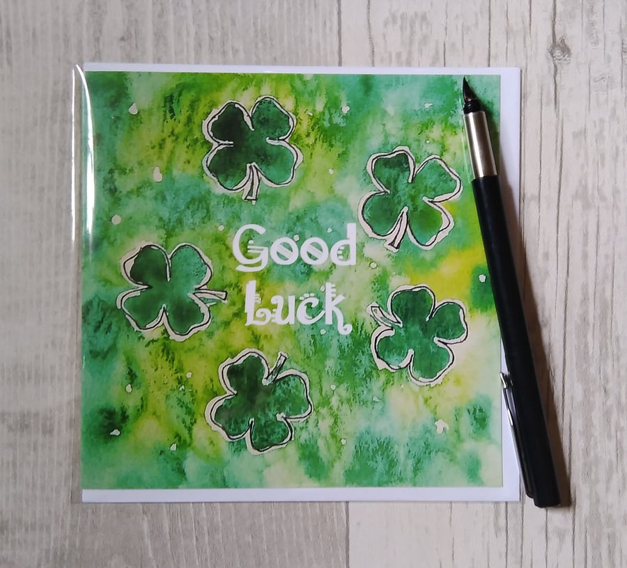 Good luck card. Four leaf Clover . Printed card.