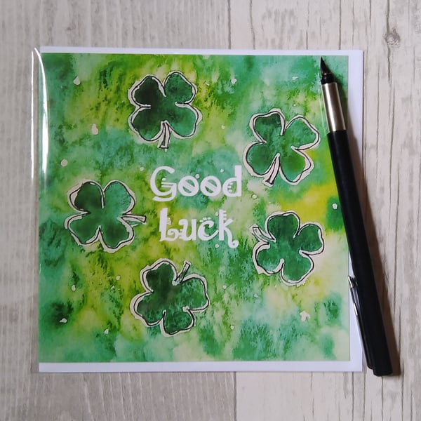 Good luck card. Four leaf Clover . Printed card.