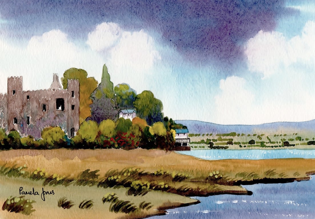 Laugharne Castle, and Dylans Boat House, Watercolour Print in 14 x 11'' Mount