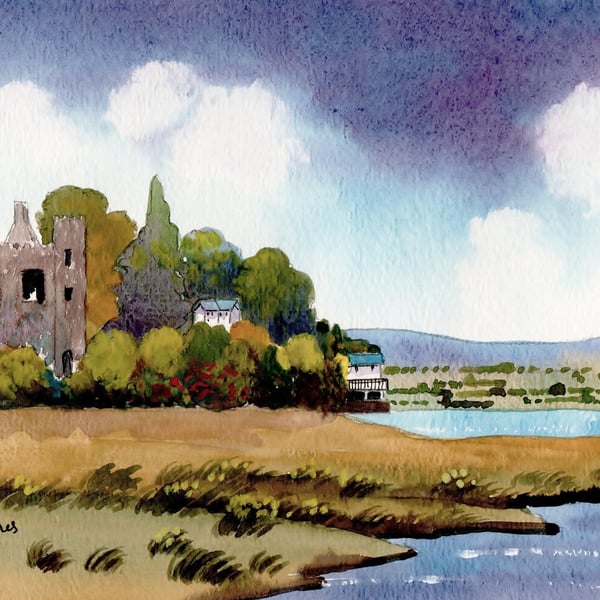 Laugharne Castle, and Dylans Boat House, Watercolour Print in 14 x 11'' Mount