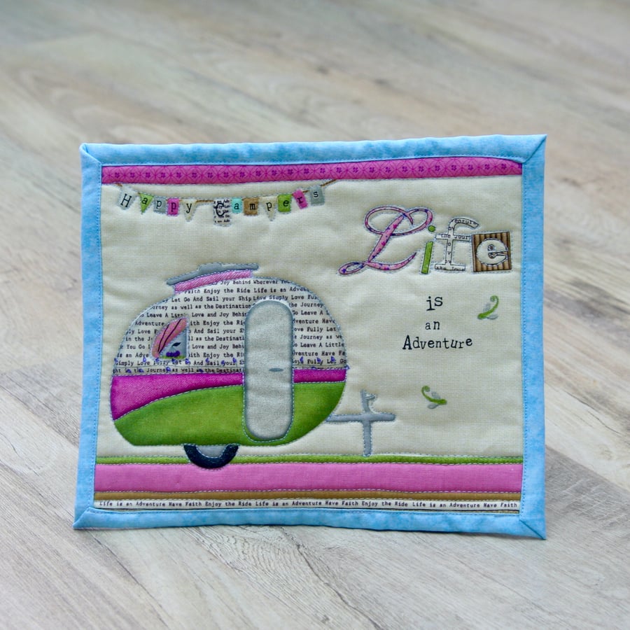 'Life is an Adventure' Mug Rug with Vintage Caravan Detail