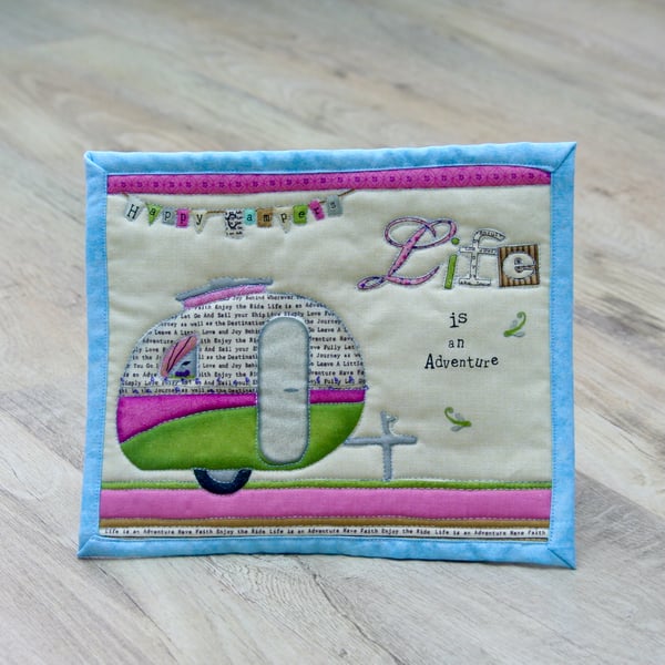 'Life is an Adventure' Mug Rug with Vintage Caravan Detail