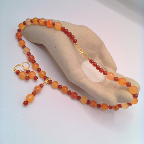 Carnelian and Red Glass Bead Necklace and Earrings Set, Gift Set, Gift for Her