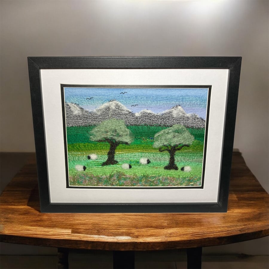 Sheep grazing, Textile picture, needle felted, wool and silk, 8" x 10"