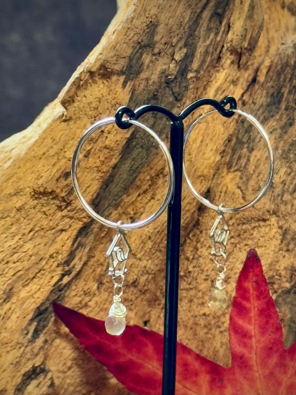 Silver hoop earrings with birdhouse and lemon quartz 
