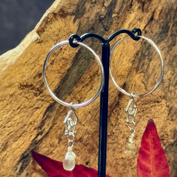 Silver hoop earrings with birdhouse and lemon quartz 