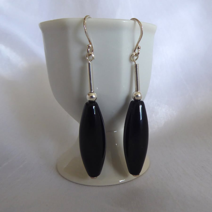 Large Black Onyx and Sterling Silver Earrings
