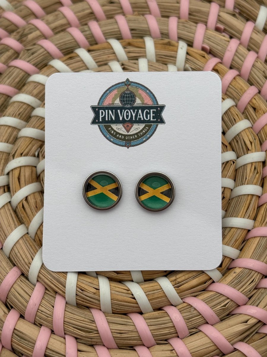 Jamaica Flag Stud Earrings - Handmade Jewellery - 1cm diameter