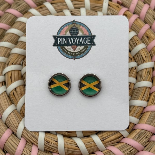 Jamaica Flag Stud Earrings - Handmade Jewellery - 1cm diameter
