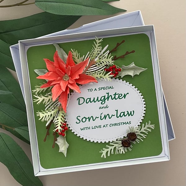 3D Luxury Christmas Card for Daughter & Son-in-law, Handmade, Floral, Poinsettia
