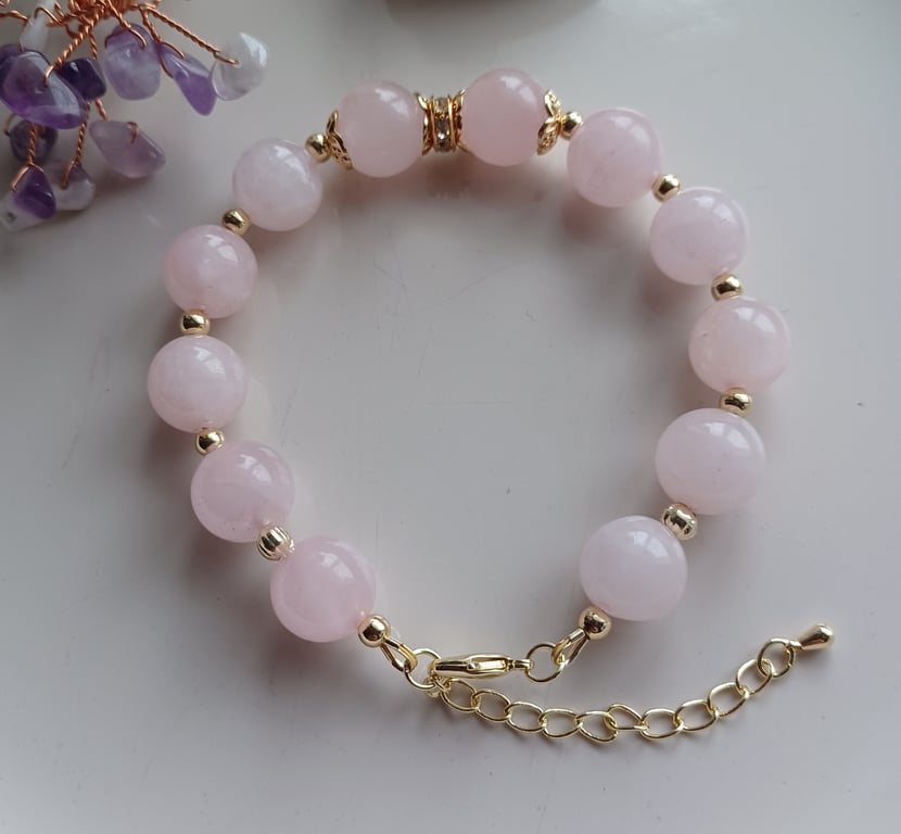 Rose Quartz beaded bracelet with adjustable chain, gift for her