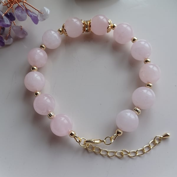 Rose Quartz beaded bracelet with adjustable chain, gift for her
